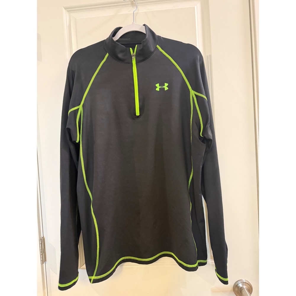 Under Armour ColdGear Men Large Black Lime Green Quarter Zip Pullover Sweatshirt